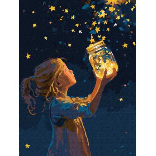 Картина за номерами - Дівчинка і зірочки з фарбами металік ©art_selena_ua