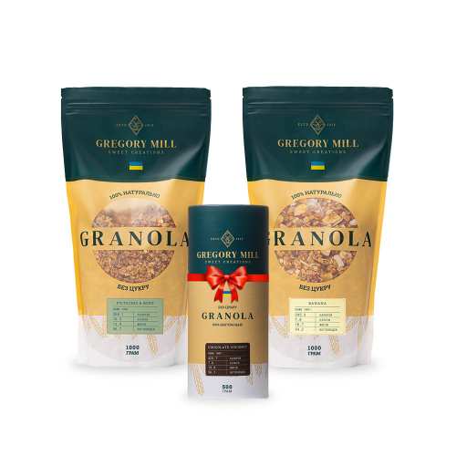 Набір граноли Pistachio &amp; Mint, Banana 2 кг &amp; Chocolate Coconut 500г у подарунок Gregory Mill