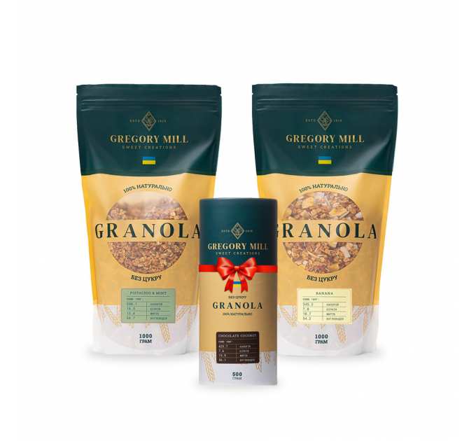 Набір граноли Pistachio &amp; Mint, Banana 2 кг &amp; Chocolate Coconut 500г у подарунок Gregory Mill