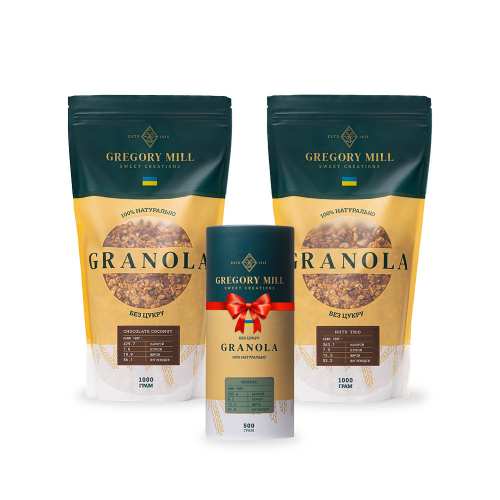 Набір граноли Chocolate Coconut, Nuts Trio 2 кг &amp; Almond 500г у подарунок Gregory Mill