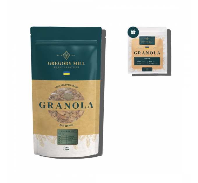 Набір граноли Mini Pistachio &amp; Mint, 1 кг &amp; Ginger, 250 г у подарунок Gregory Mill