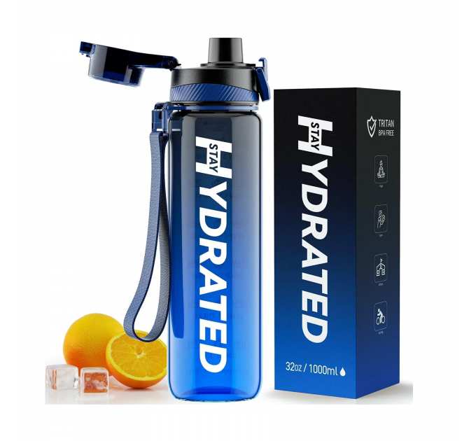 Hydrated Water Bottle - 1000ml Tritan Blue Gray