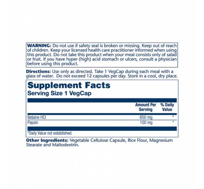 High Potency Betaine HCl with Pepsin 650mg - 250 veg caps