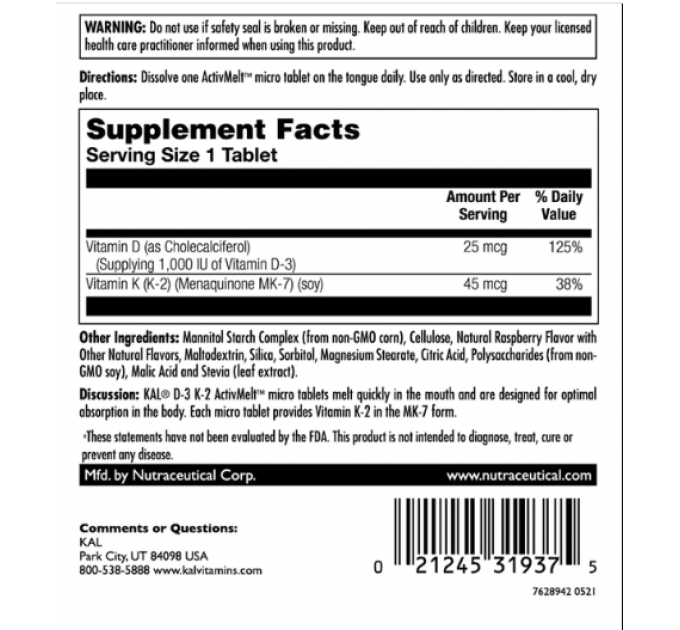 D3 & K2 25mcg - 60 tabs Raspberry
