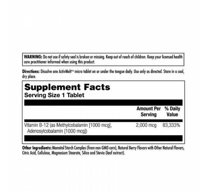 B-12 Methylcobalamin and Adenosylcobalamin 2000mcg - 60 tabs