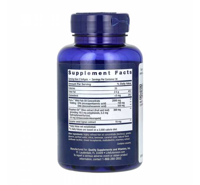 Super Omega-3 EPA/DHA Fish Oil Sesame Lignans & Olive Extract	- 60 softgels