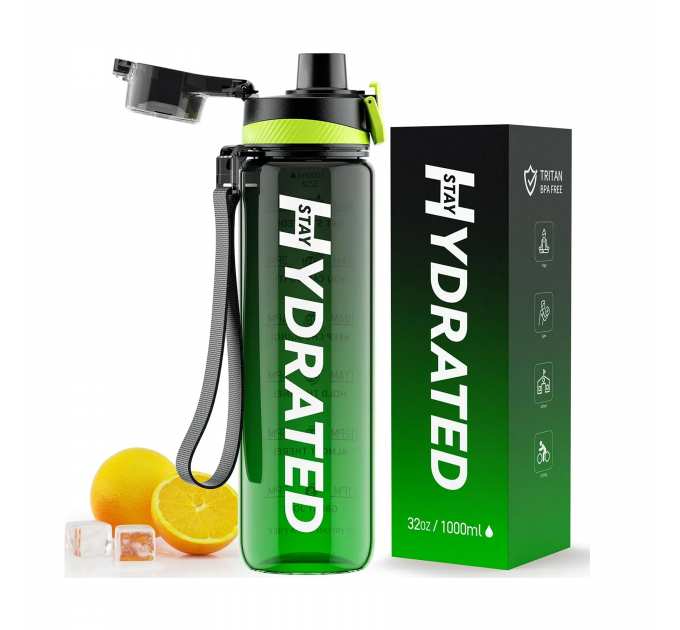 Hydrated Water Bottle - 1000ml Tritan Green Black