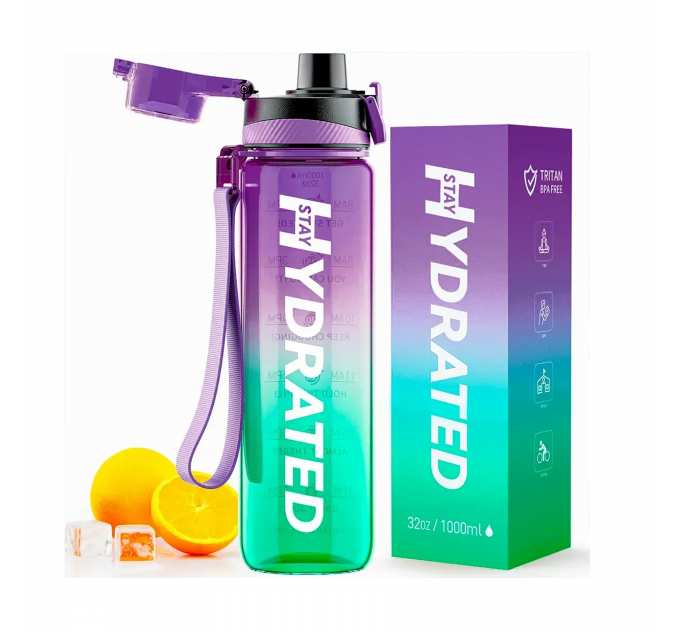 Hydrated Water Bottle - 1000ml Tritan Green Purple