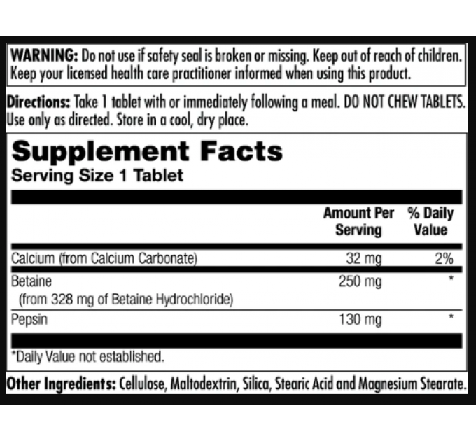 Betaine HCl Plus 250mg - 100 tabs