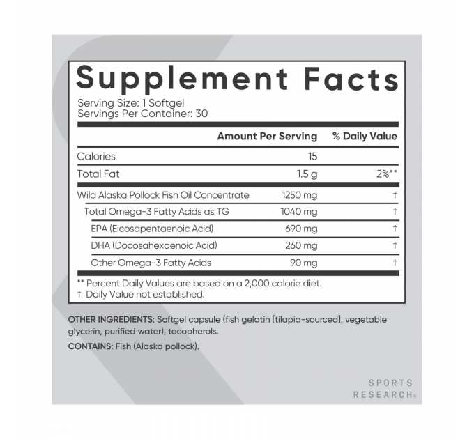 Omega-3 Fish Oil Alaska Pollock 1250mg - 30 softgels