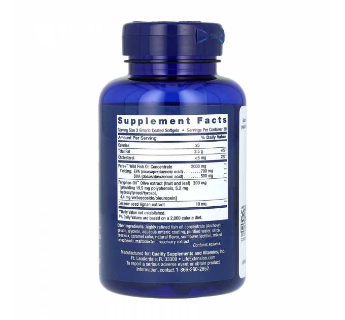 Super Omega-3 EPA/DHA Fish Oil Sesame Lignans & Olive Extract Enteric Coated - 60 softgels