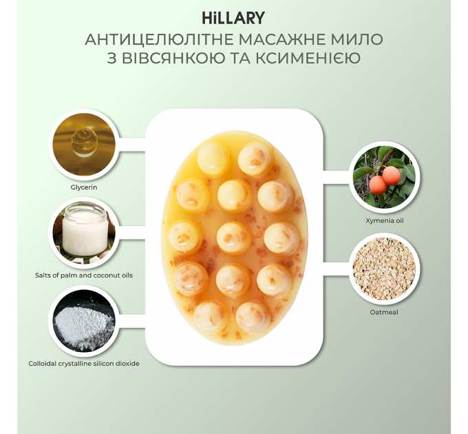 Антицелюлітне масажне мило з вівсянкою та ксименією Hillary, 100 г