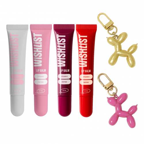 Набір 4 бальзамів-блисків для губ + Іграшки-брелки Crystal Sorbet & Sweet Candy & Velvet Coral & Ruby Nectar WiSHLiST Lip Gloss Balms