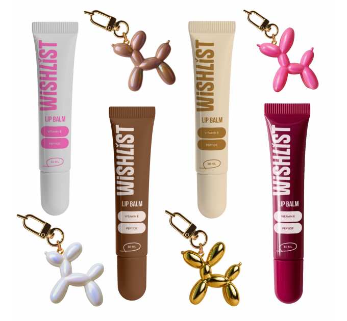 Набір 4 бальзамів-блисків для губ + Іграшки-брелки Espresso Noir & Ruby Nectar & Blessed Honey & Crystal Sorbet WishList Lip Gloss Balms