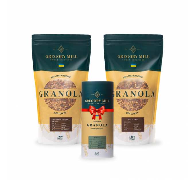 Набір граноли Chocolate Coconut, Nuts Trio 2 кг & Almond 500г у подарунок Gregory Mill