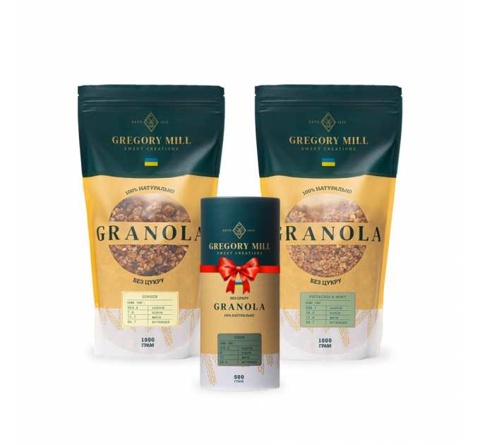 Набір граноли Ginger, Pistachio & Mint 2 кг & Finik 500г у подарунок Gregory Mill