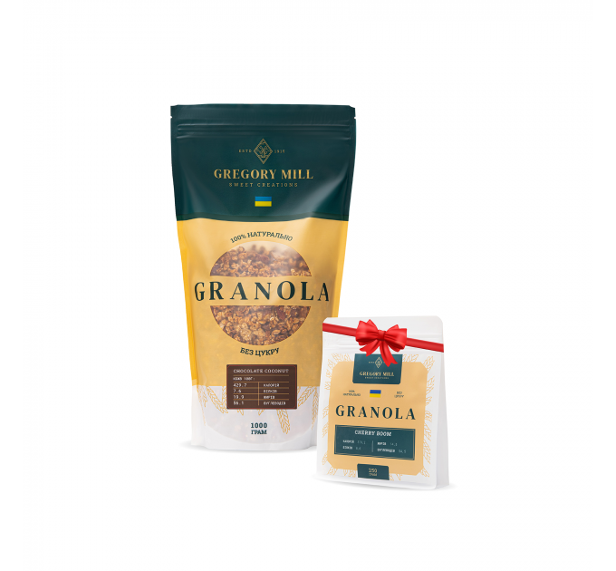 Набір граноли Mini Chocolate Coconut, 1 кг & Cherry Boom, 250 г у подарунок Gregory Mill