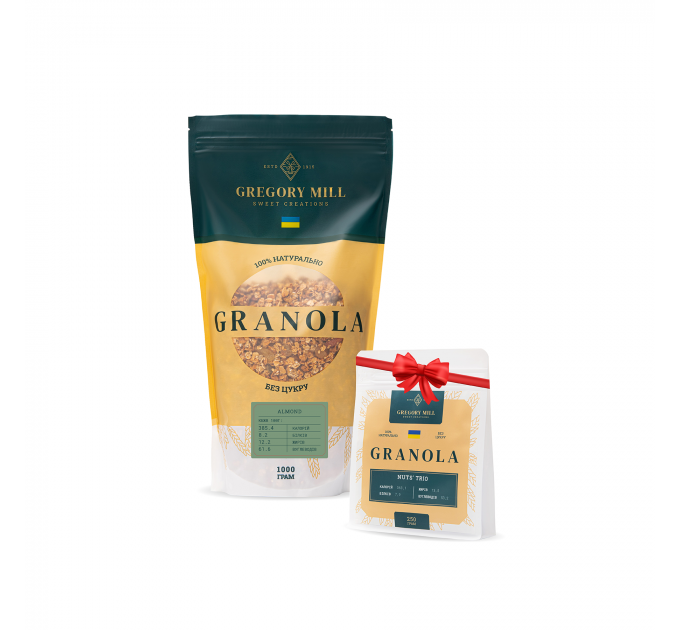 Набір граноли Mini Almond, 1 кг & Nuts’ Trio, 250 г у подарунок Gregory Mill