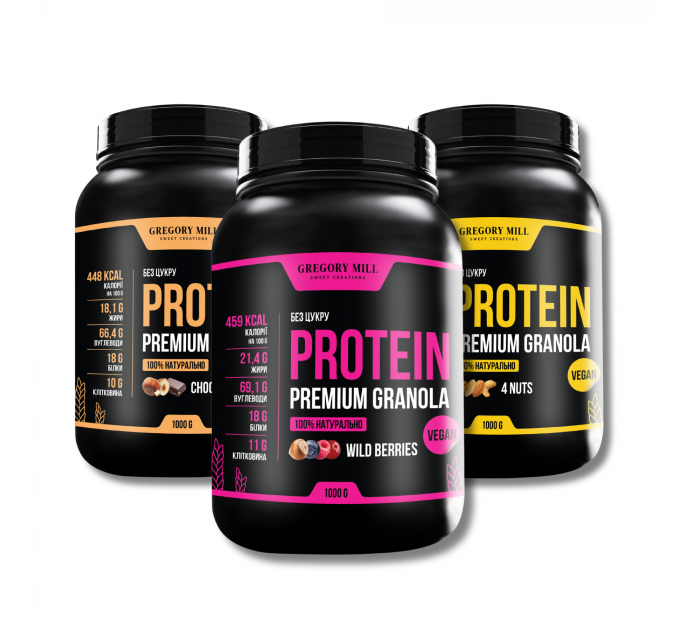 Набір граноли з протеїном Power Protein 4 Nuts, Wild Berries та Choco Nuts, 3000 г Gregory Mill